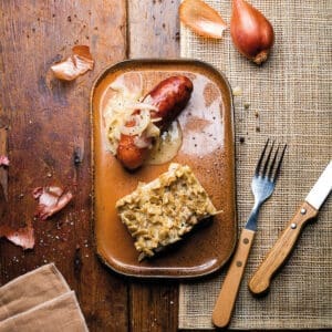 Smoked diot sausage with crozet gratin