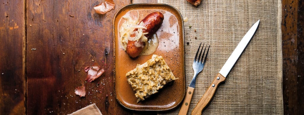 Smoked diot sausage with crozet gratin