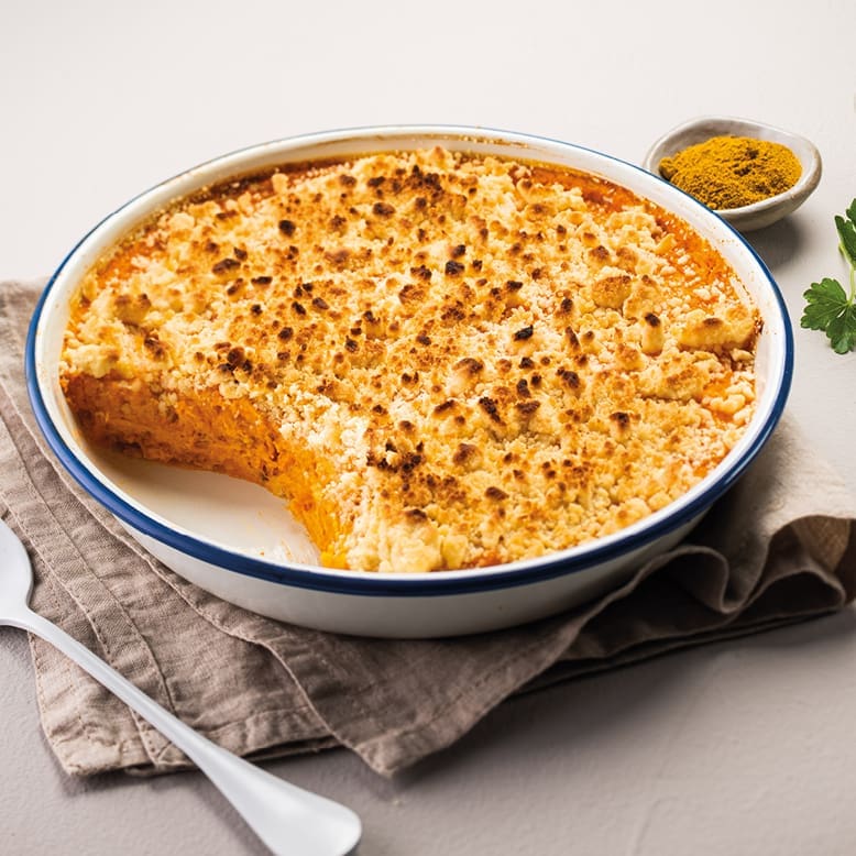 Crumbles are mostly known as desserts, but this one is savoury, and yet still sweet.